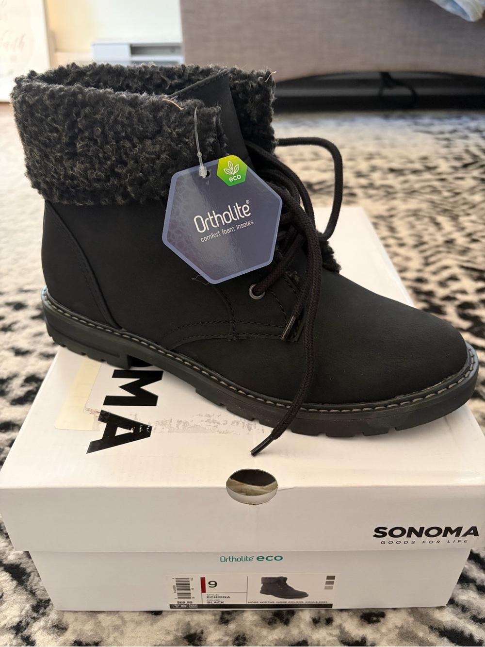 New in box Sonoma Black Faux-Sherpa Lace-Up Ankle Booties